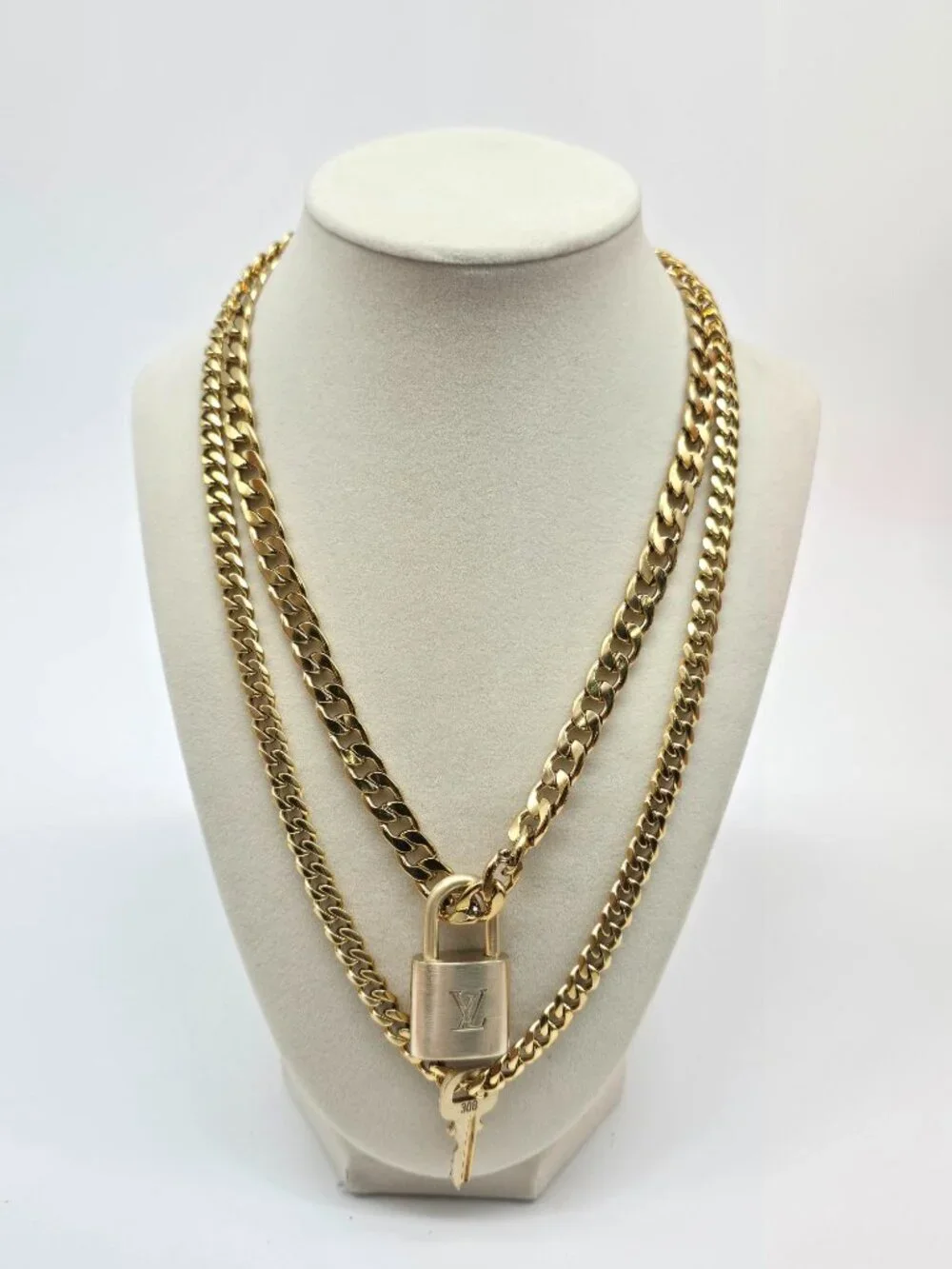 Authentic Louis Vuityon Gold Padlock Pendant with Stainless Steel 2 Cuban Style